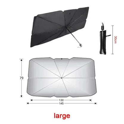 Large umbrella sun shade size: 51.2 in top, 57.1 in bottom, 31.1 in high, 11.8 in folded