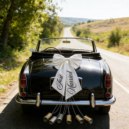 Just Married Car Bow, Large 24 x 39 in Ribbon Bow for the Wedding Car, Engagement, Bridal Shower and Wedding Photo Props