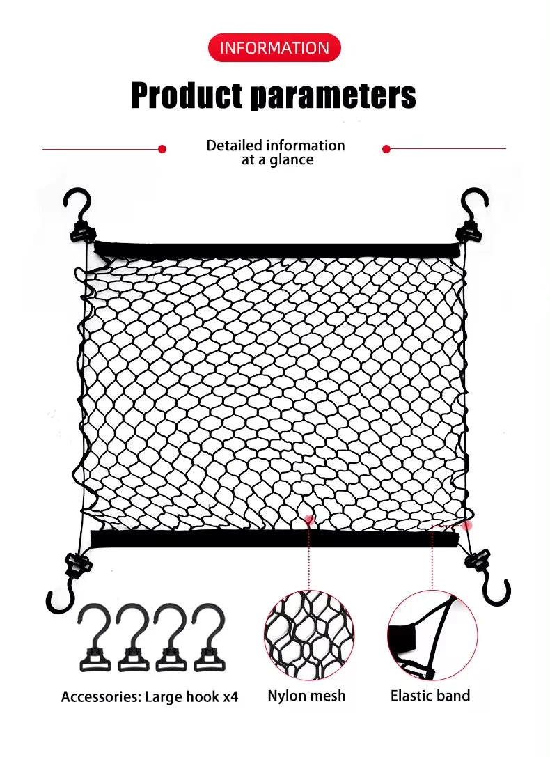 Cargo Net for Hyundai Tucson 2022-2024 (NX4), Black Mesh Trunk Net with Fabric-Strap Sides and 4 Adjustable Hooks, 2 Sizes