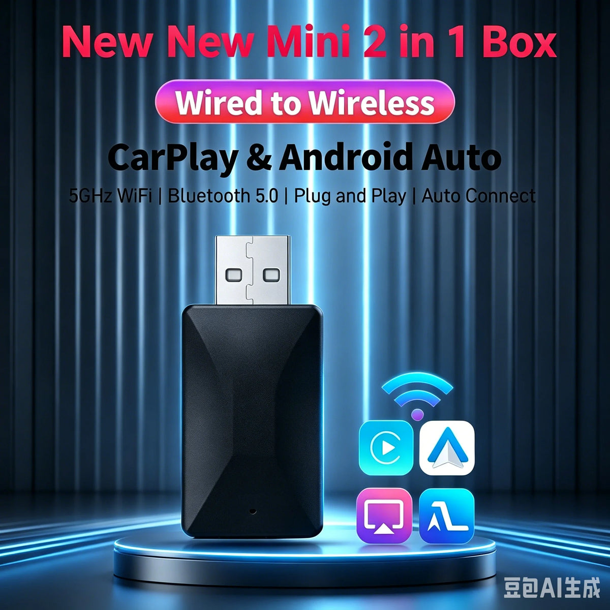 2-in-1 mini USB box for wireless CarPlay and Android Auto