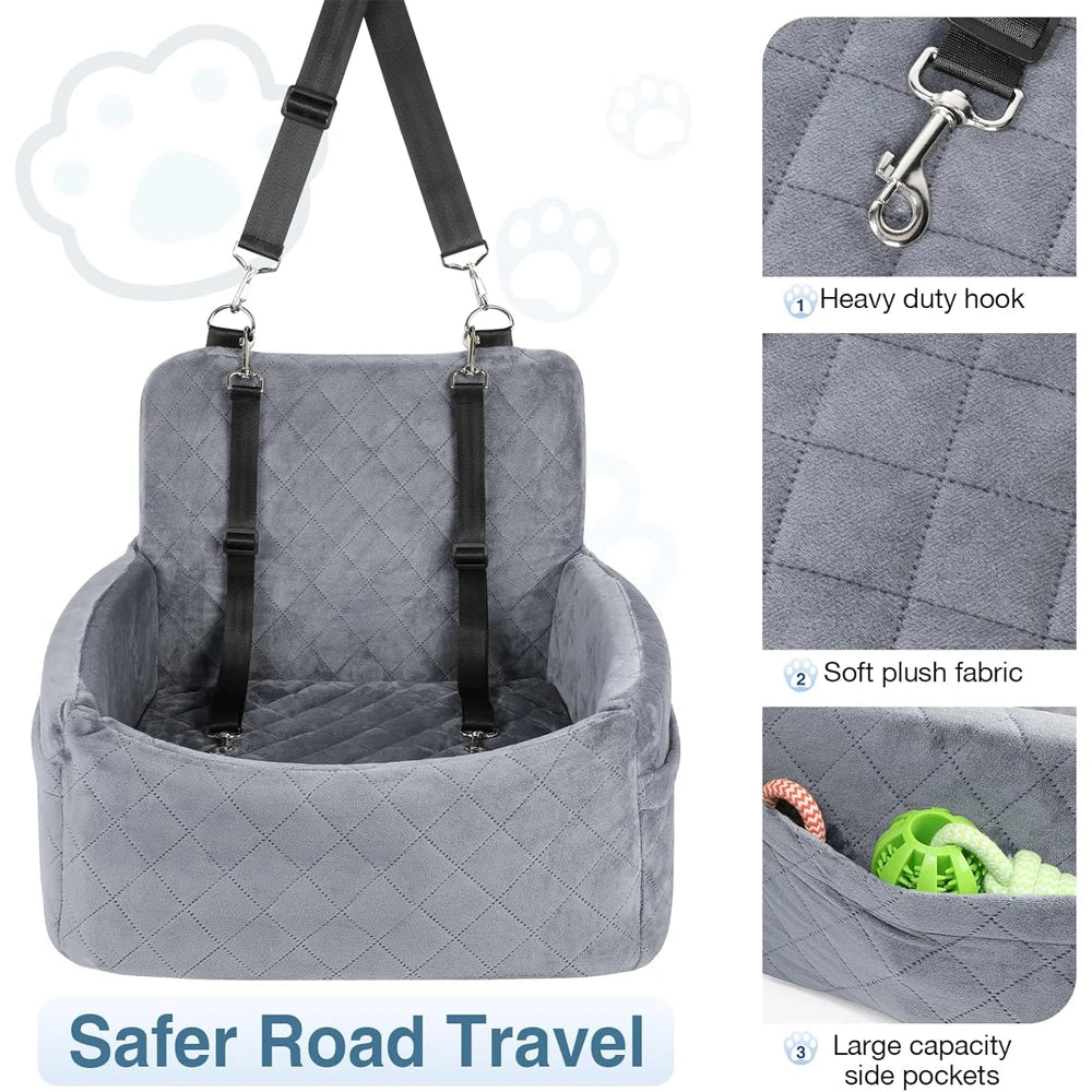 Warm Portable Dog Car Seat for Small and Medium Dogs, Washable Cushion Bed with Belt Strap and Storage Pocket, Black or Gray