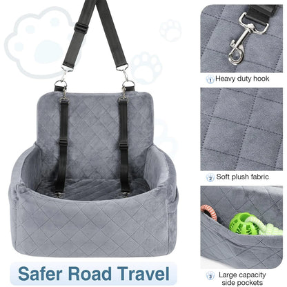 Warm Portable Dog Car Seat for Small and Medium Dogs, Washable Cushion Bed with Belt Strap and Storage Pocket, Black or Gray