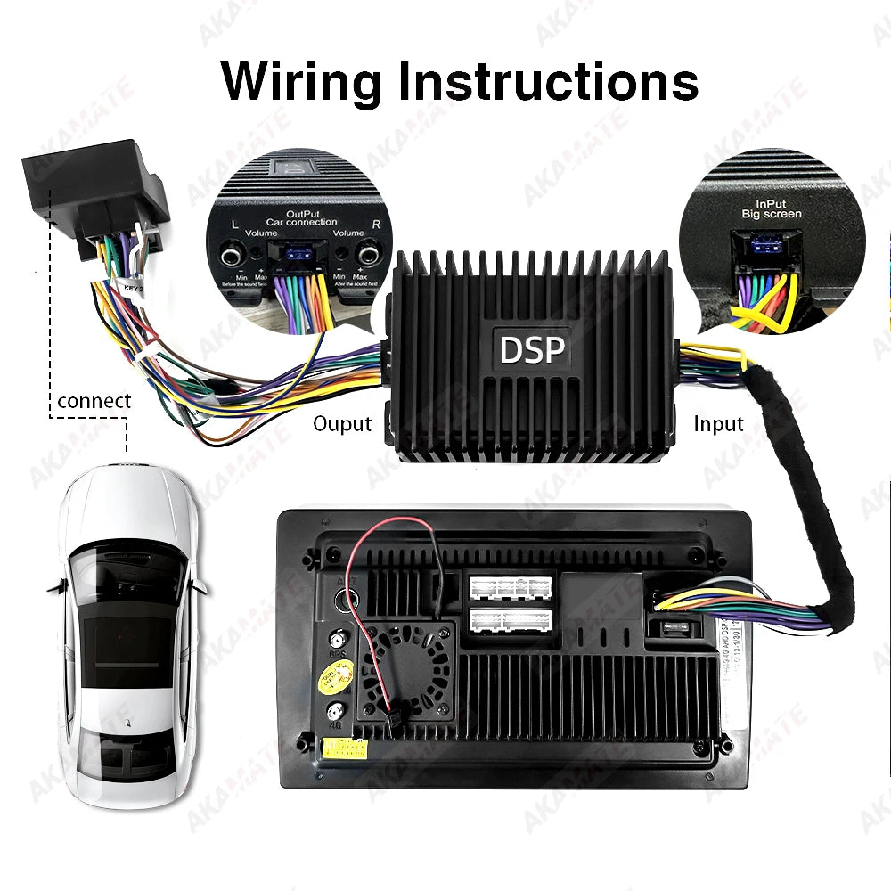 Wiring diagram: amplifier connected between the Android screen and the car harness