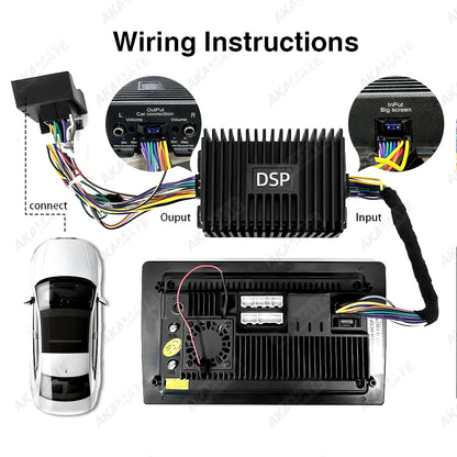 Wiring diagram: amplifier connected between the Android screen and the car harness