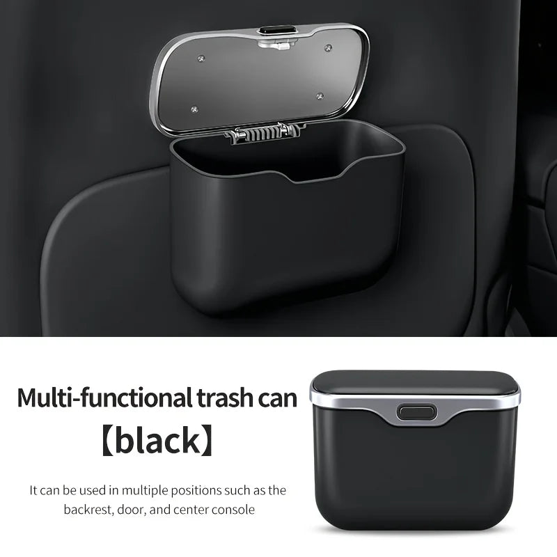 Hanging Car Trash Can with Push Lid, PU Leather Wet and Dry Garbage Bin and Storage Box, Black or Beige
