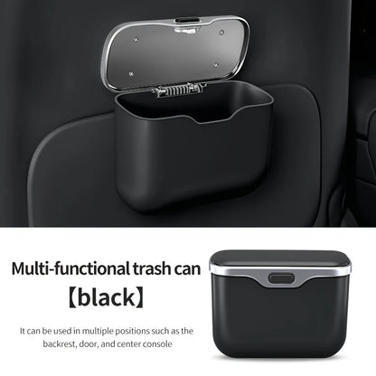 Hanging Car Trash Can with Push Lid, PU Leather Wet and Dry Garbage Bin and Storage Box, Black or Beige