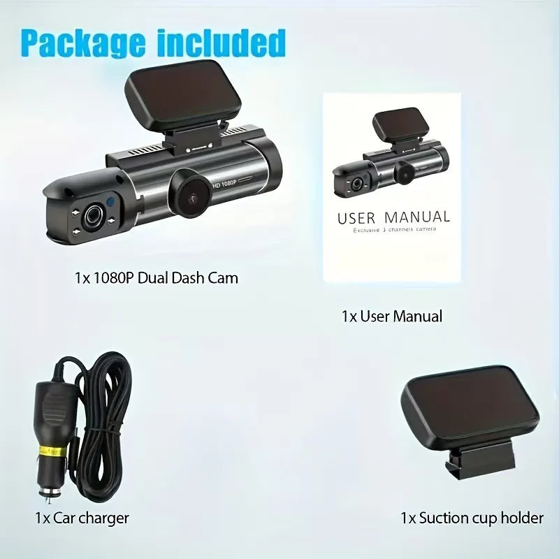 Package contents: dash cam, car charger, suction cup mount and manual