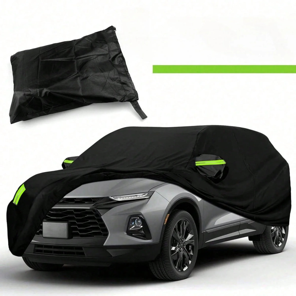 Black outdoor SUV car cover with reflective strips, partly pulled over an SUV