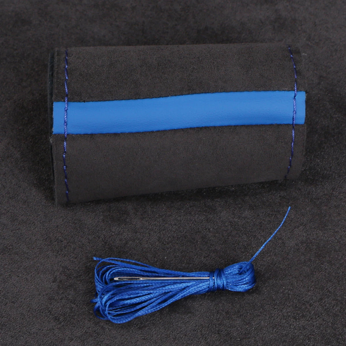 Faux suede cover with blue stripe and blue thread