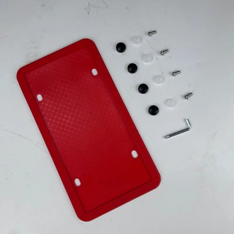 Red silicone license plate frame with screws