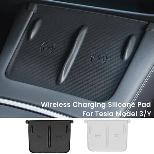 Wireless Charging Pad Mat for Tesla Model 3 and Model Y, Black Silicone Non-Slip Console Mat with Carbon Fiber Pattern