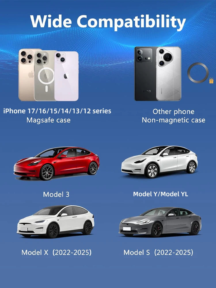 Screen Phone Mount for Tesla Model 3 Highland 2024 and Model Y 2025, Magnetic or Gravity Holder, 15W Wireless Charging Option