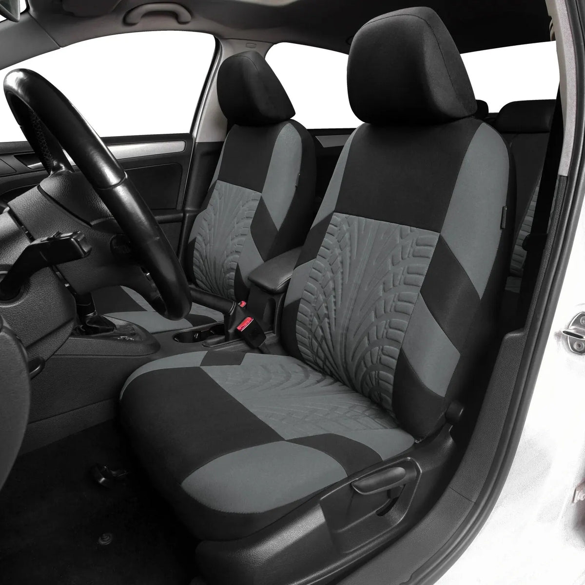 Gray seat covers installed on the front seats