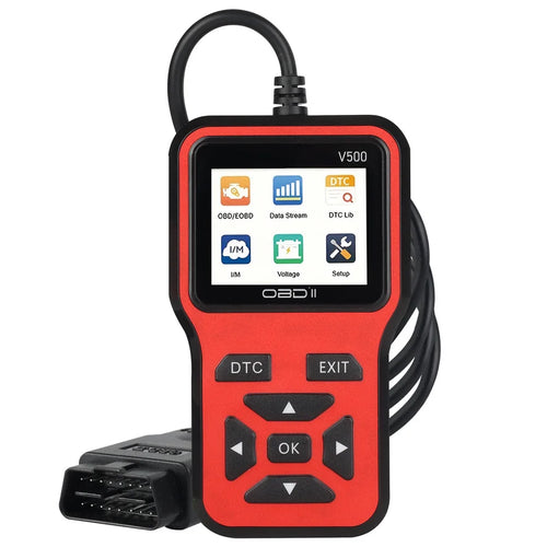 Red OBD2 scanner with color screen and OBD2 cable