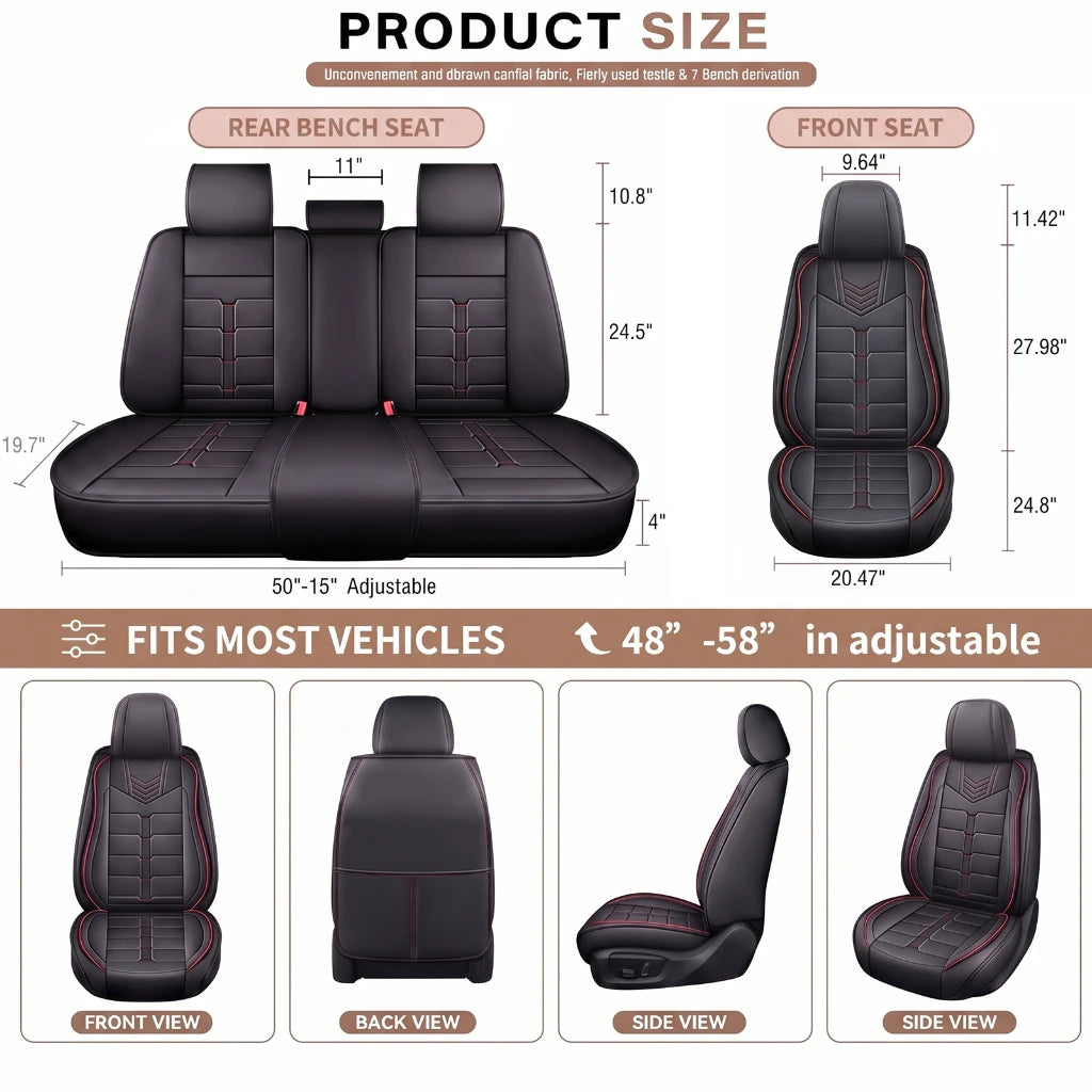 Car Seat Covers for Toyota Camry, Full Set for 5 Seats, Black PU Leather with Red Stitching, Water-Resistant Front and Rear