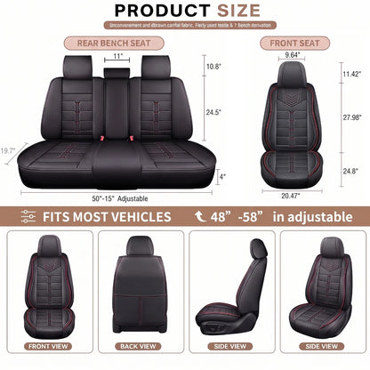 Car Seat Covers for Toyota Camry, Full Set for 5 Seats, Black PU Leather with Red Stitching, Water-Resistant Front and Rear