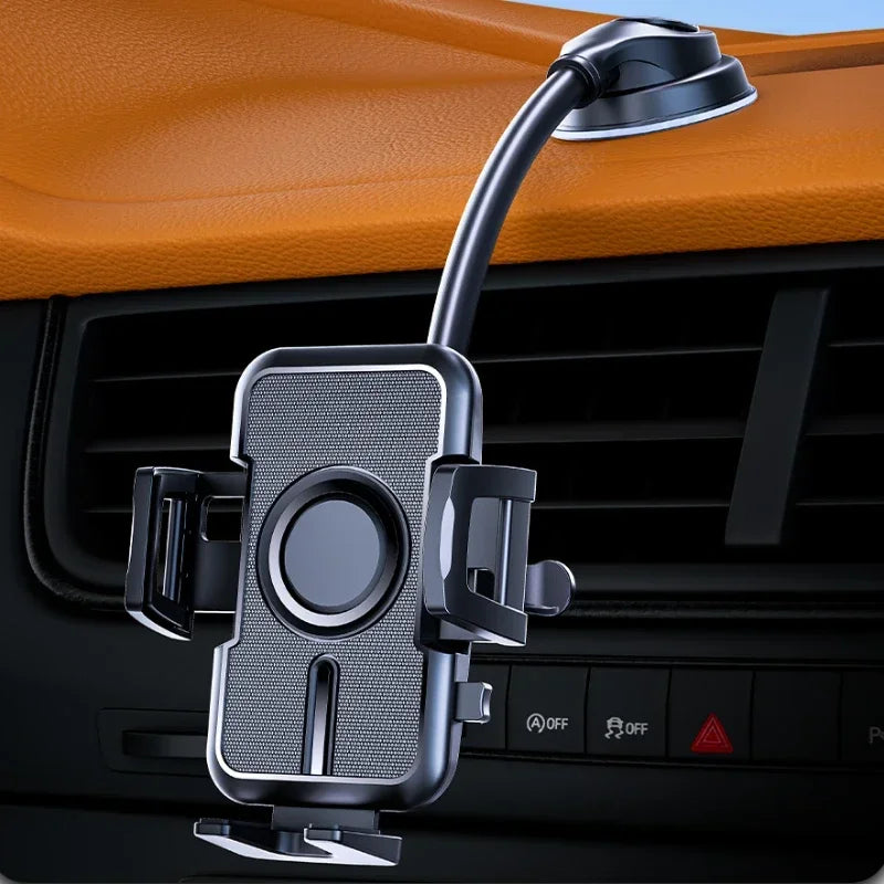 Gooseneck phone mount installed on a car dashboard