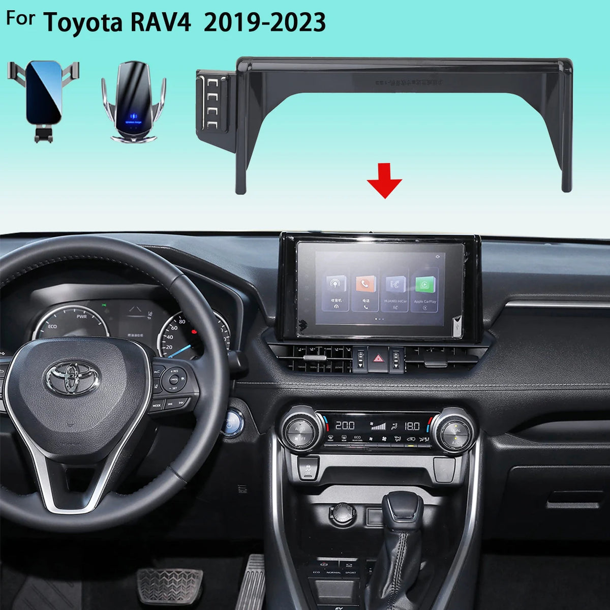 Air Vent Phone Mount for Toyota RAV4 2019-2023 (XA50) with 8-Inch Screen, Aluminum or Carbon-Look Holder, 15W Wireless Charger Option