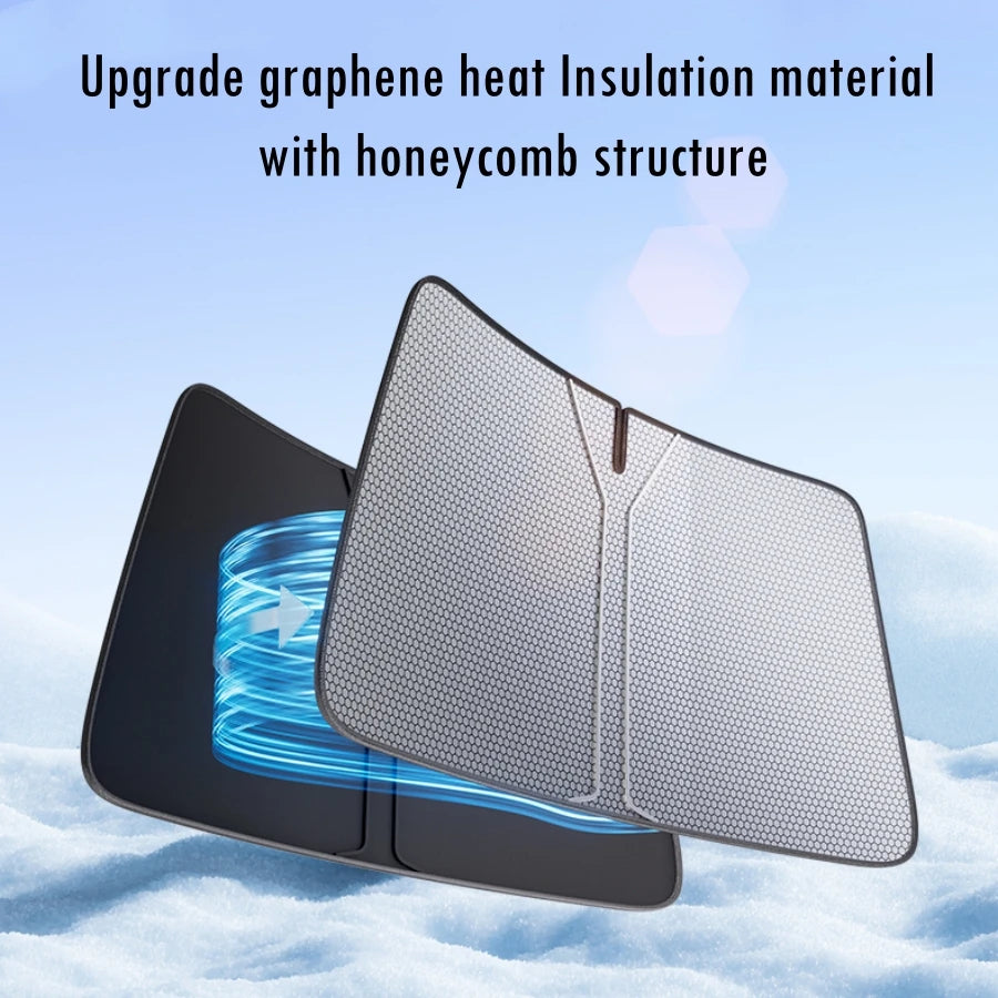 Windshield Sun Shade for Tesla Model Y 2020-2024 and Juniper 2025, Honeycomb Heat Insulation Layer, Foldable with Storage Bag