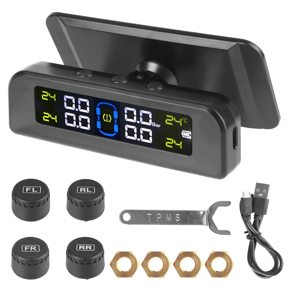 Solar Tire Pressure Monitoring System, Wireless TPMS with 4 External Sensors, Real-Time Pressure and Temperature, PSI or Bar, 15 Styles