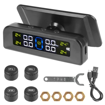 Solar Tire Pressure Monitoring System, Wireless TPMS with 4 External Sensors, Real-Time Pressure and Temperature, PSI or Bar, 15 Styles