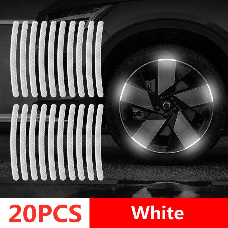 20 white reflective wheel rim strips and a wheel with them applied