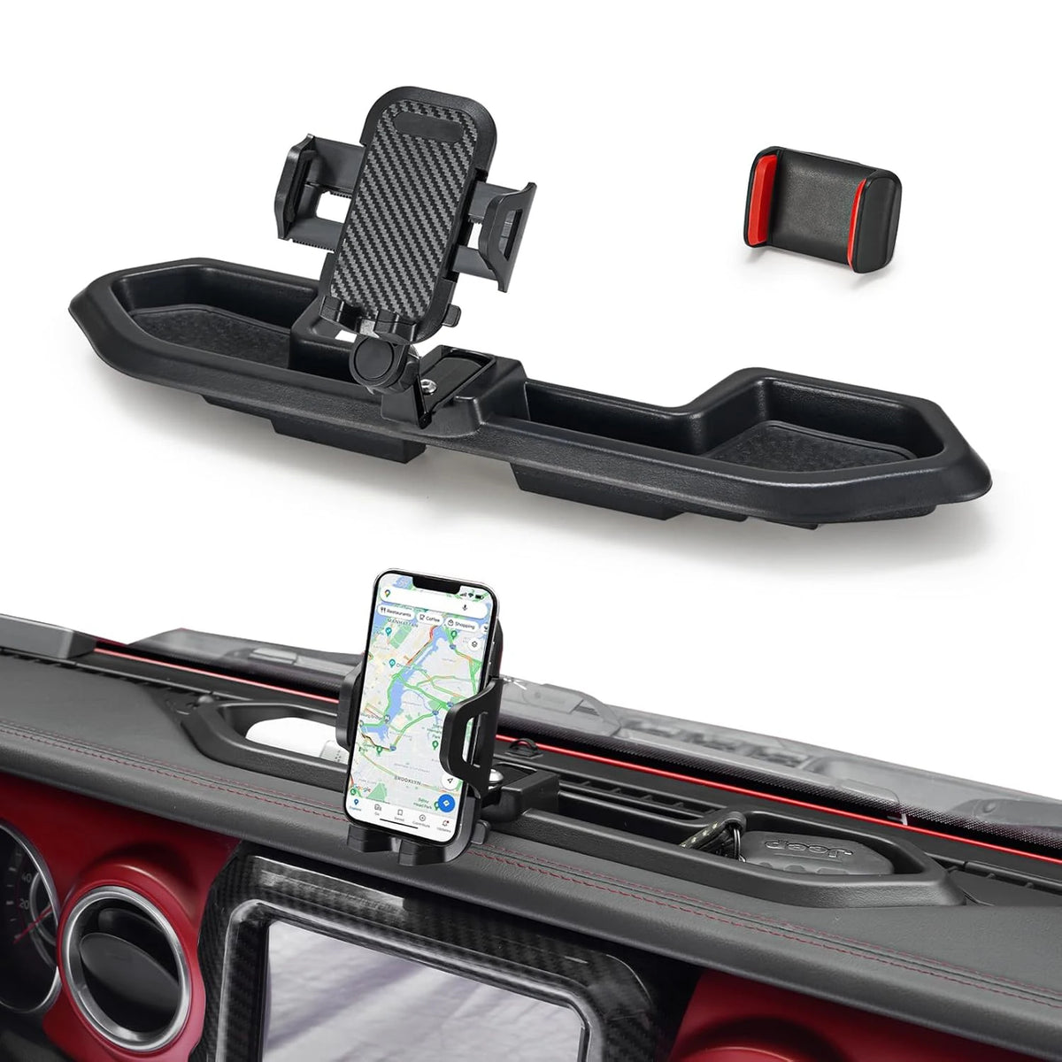 Dashboard Phone Mount for Jeep Wrangler 2021-2023 (JL), Replacement Dash Tray with Metal Support Rod and 360-Degree Phone Holder