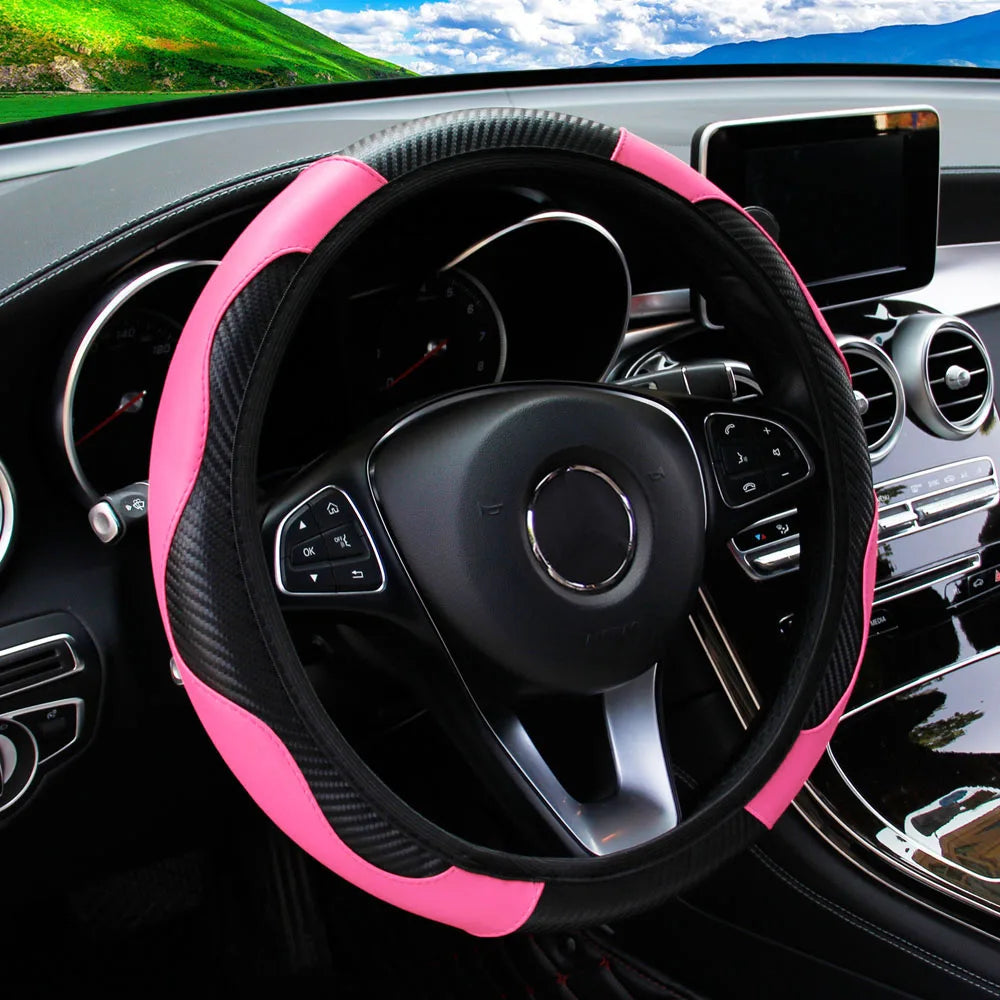 Pink and black steering wheel cover