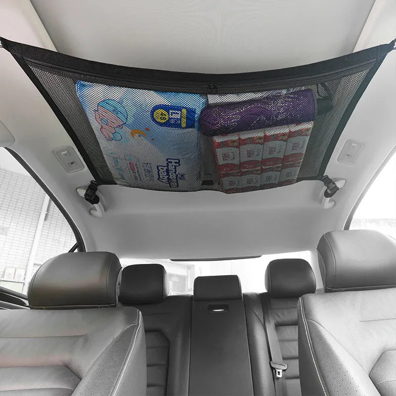 Car Ceiling Cargo Net Storage Bag for SUVs and Cars, Double Layer Mesh Organizer with Zipper and 4 Buckles, 31 x 22 Inch