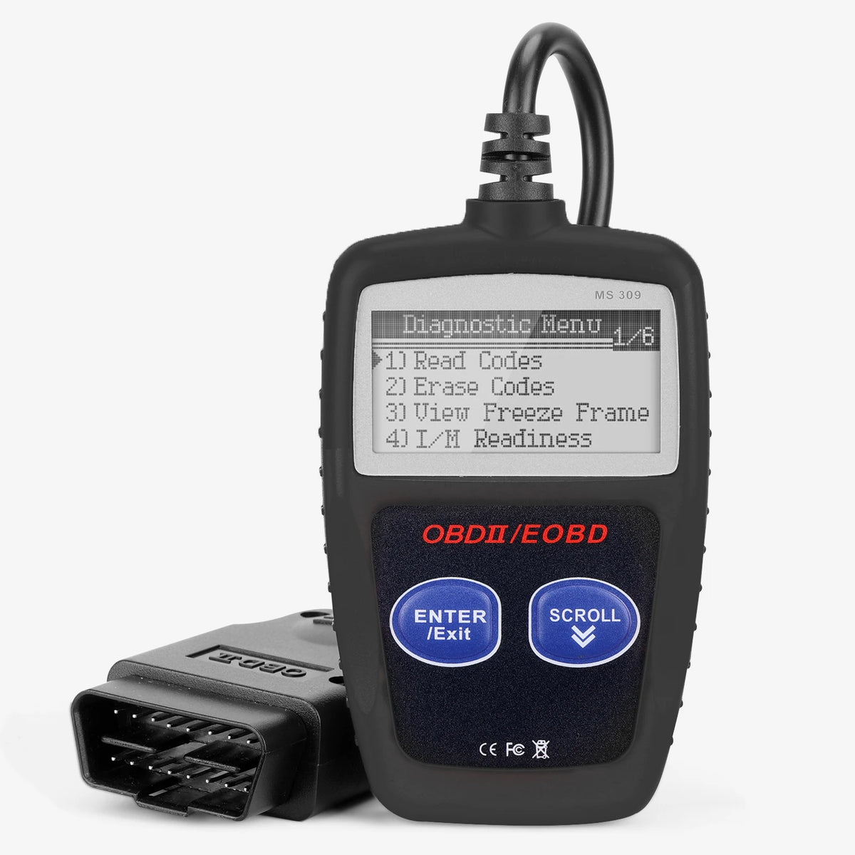Black handheld OBD2 code reader with LCD screen and OBD2 cable