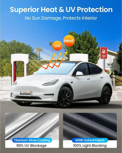 Windshield Sun Shade for Tesla Model Y 2020-2024 and Juniper 2025, Honeycomb Heat Insulation Layer, Foldable with Storage Bag