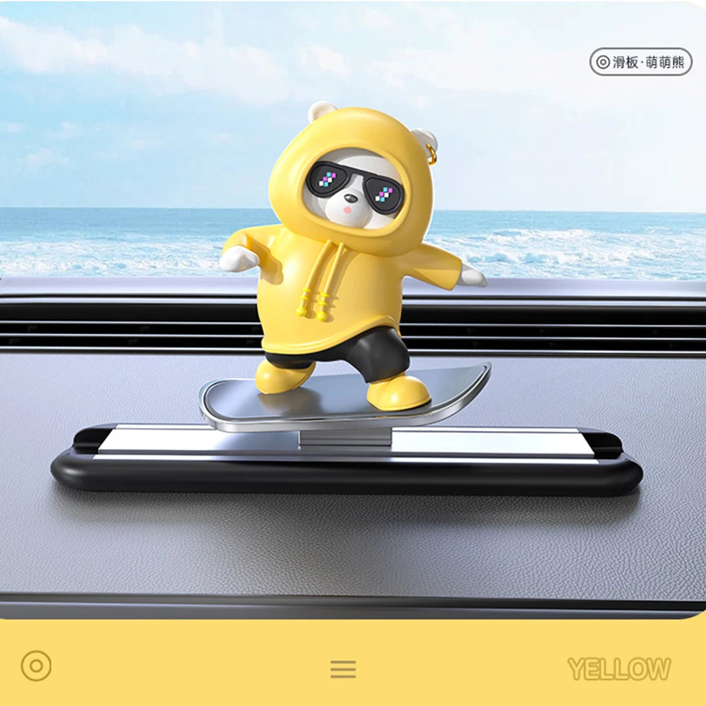 Skateboarding Bear Dashboard Ornament, Sliding Bear Car Decoration with Optional Magnetic Phone Number Plate, 5 Colors