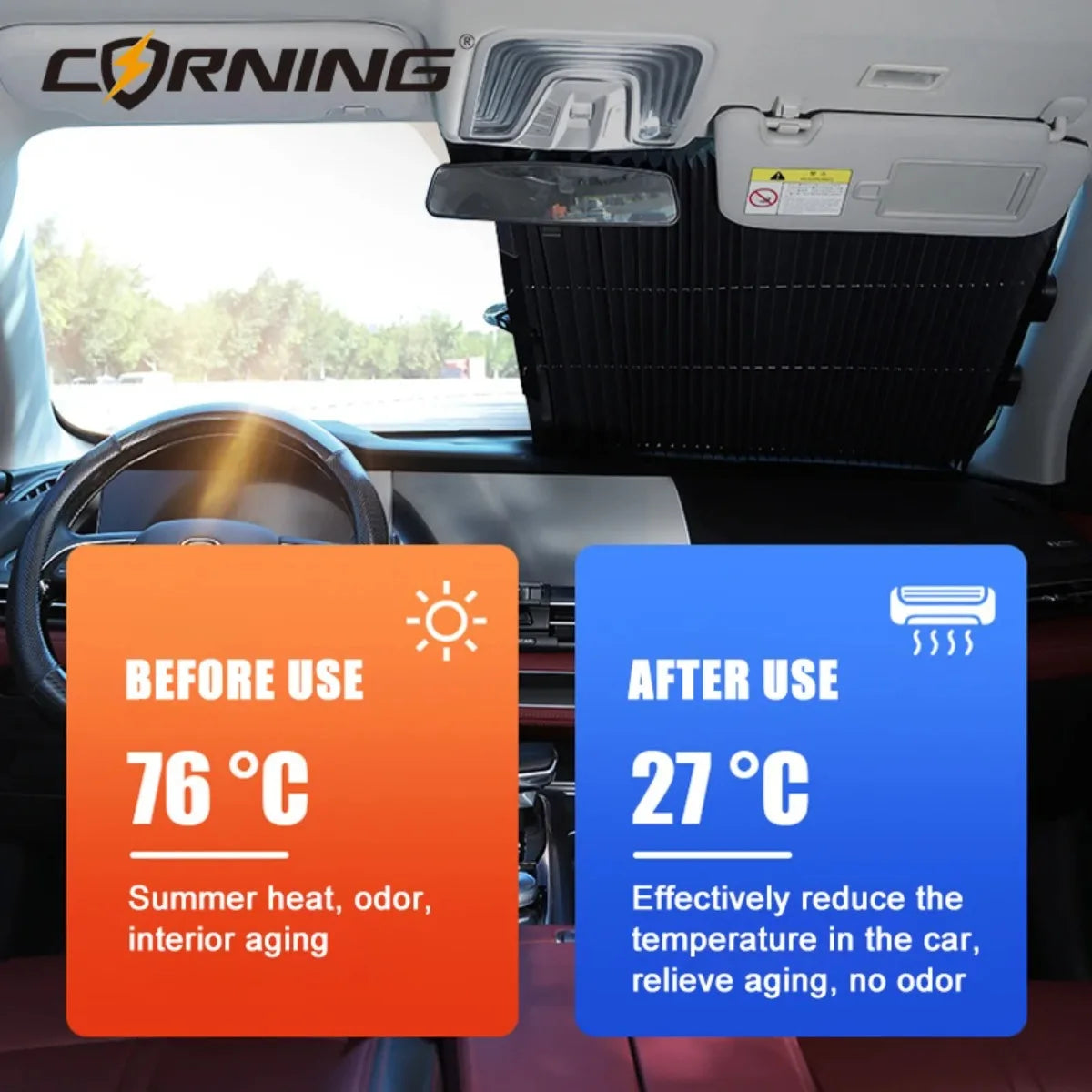 Retractable Windshield Sun Shade with Suction Cups, Pleated Pull-Out Reflective Sunshade for Front or Rear Window, 2 Sizes