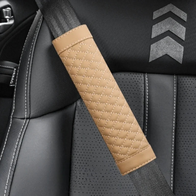 Embroidered Leather Seat Belt Shoulder Cover for Adults, Wear-Resistant with Anti-Slip Pads, Beige, Brown, Black or Gray