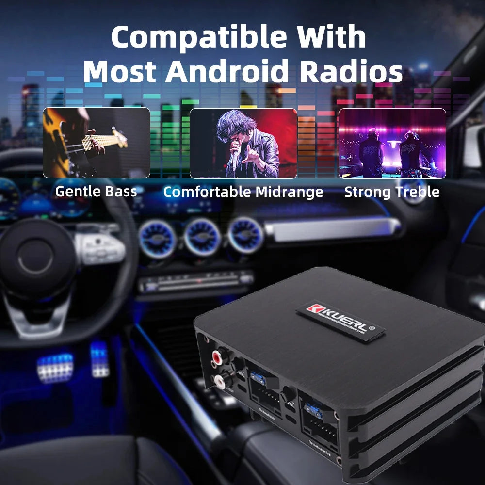 Car amplifier compatible with most aftermarket Android radios