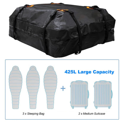 Waterproof Rooftop Cargo Bag, 425L Soft Roof Carrier for Cars and SUVs, 8 Buckle Straps, Foldable, Black