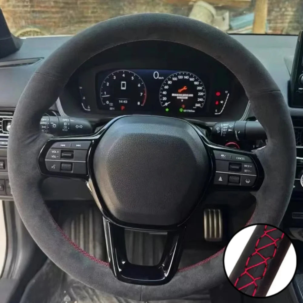 Steering Wheel Cover for Honda CR-V 2023 and Civic 2022-2023, Hand-Sewn Perforated Suede, Non-Slip Grip Sides, 7 Stitching Colors