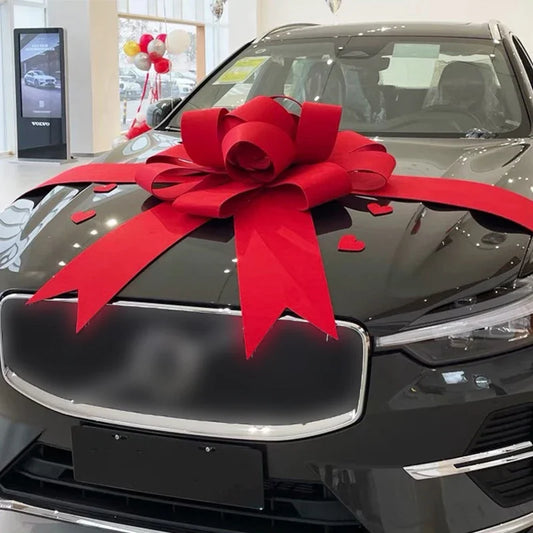 Giant Red Car Bow for New Car Gifts, Showroom Delivery and Holiday Surprises, Reusable Hood Bow with Ribbon Tails