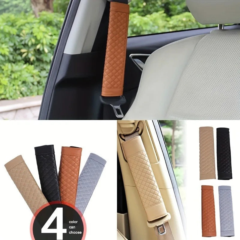 Embroidered Leather Seat Belt Shoulder Cover for Adults, Wear-Resistant with Anti-Slip Pads, Beige, Brown, Black or Gray