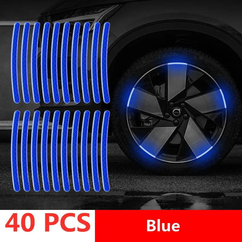 40 blue reflective wheel rim strips on a black background