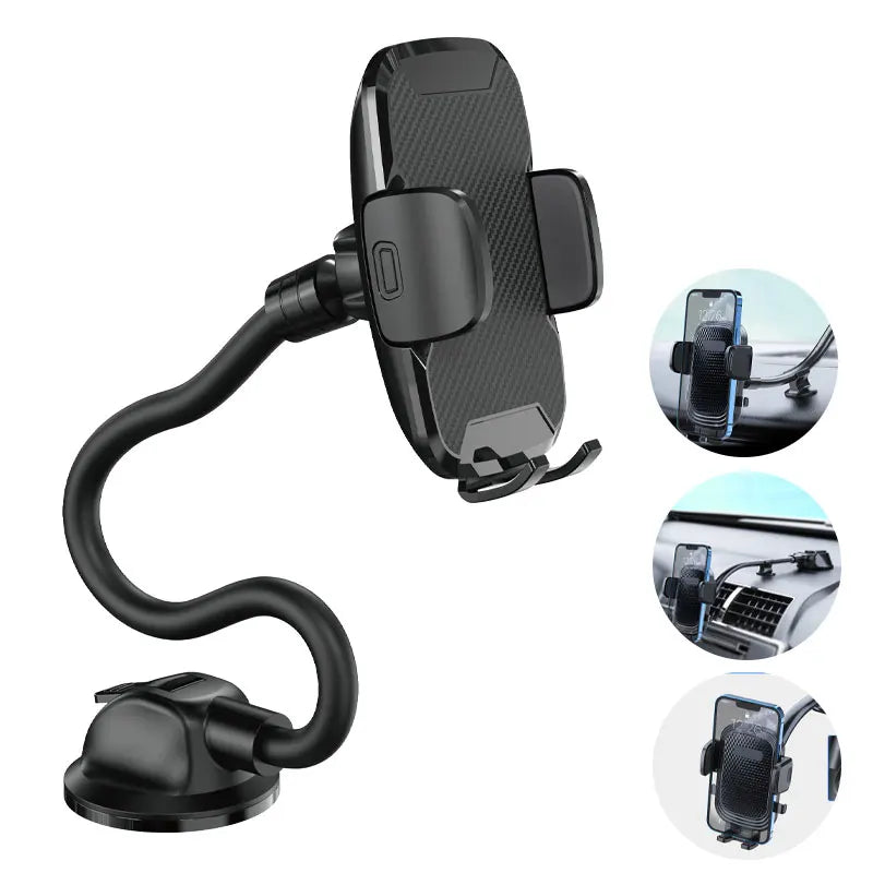 Gooseneck car phone mount with suction cup base and phone cradle
