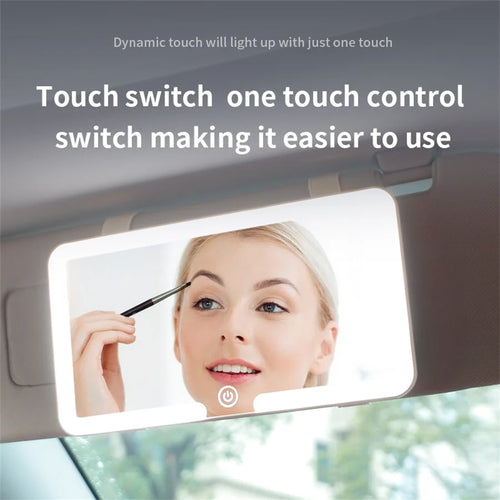 Car Sun Visor Vanity Mirror with LED Lights, Touch Control and Adjustable Brightness, Rechargeable, Elastic Strap Mount, White