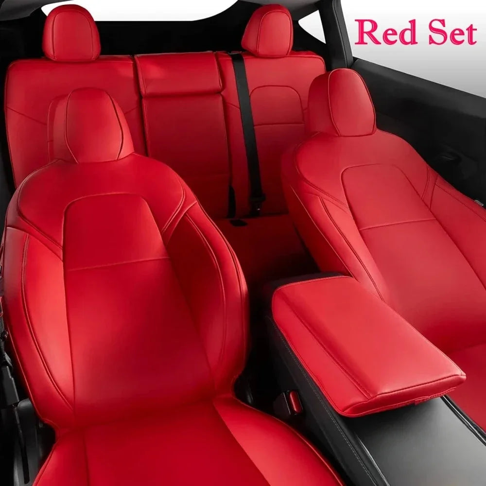 PU Leather Seat Covers for Tesla Model Y 2020-2024, 5-Seat Full Set with Headrest Covers and Front Seat Pockets