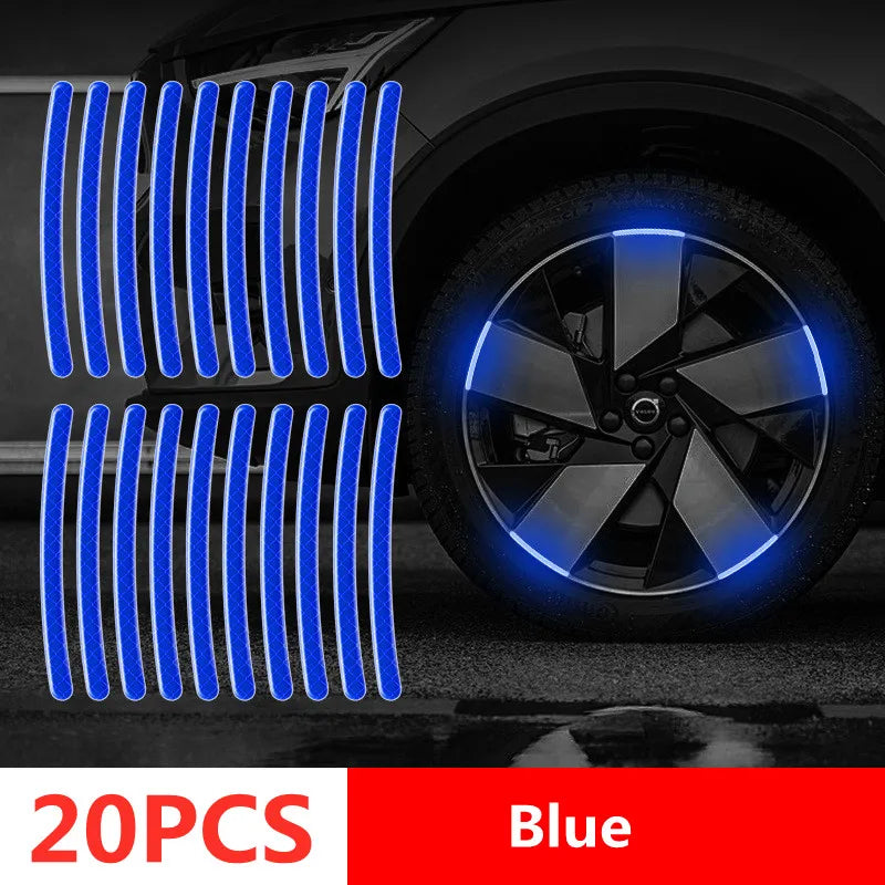 20 blue reflective wheel rim strips and a wheel with them applied