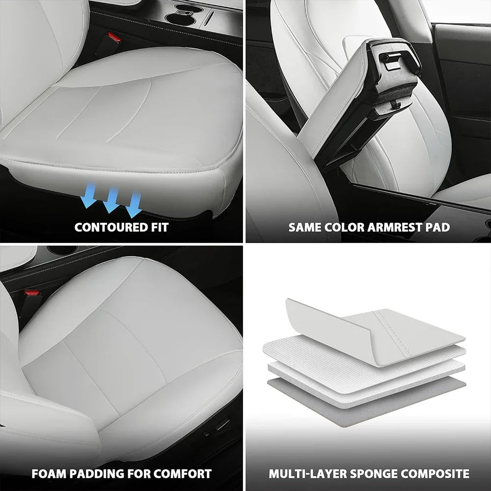 PU Leather Seat Covers for Tesla Model Y 2020-2024, 5-Seat Full Set with Headrest Covers and Front Seat Pockets