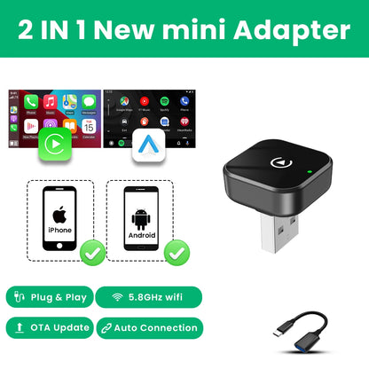 Black 2-in-1 wireless CarPlay and Android Auto adapter with USB-C adapter cable