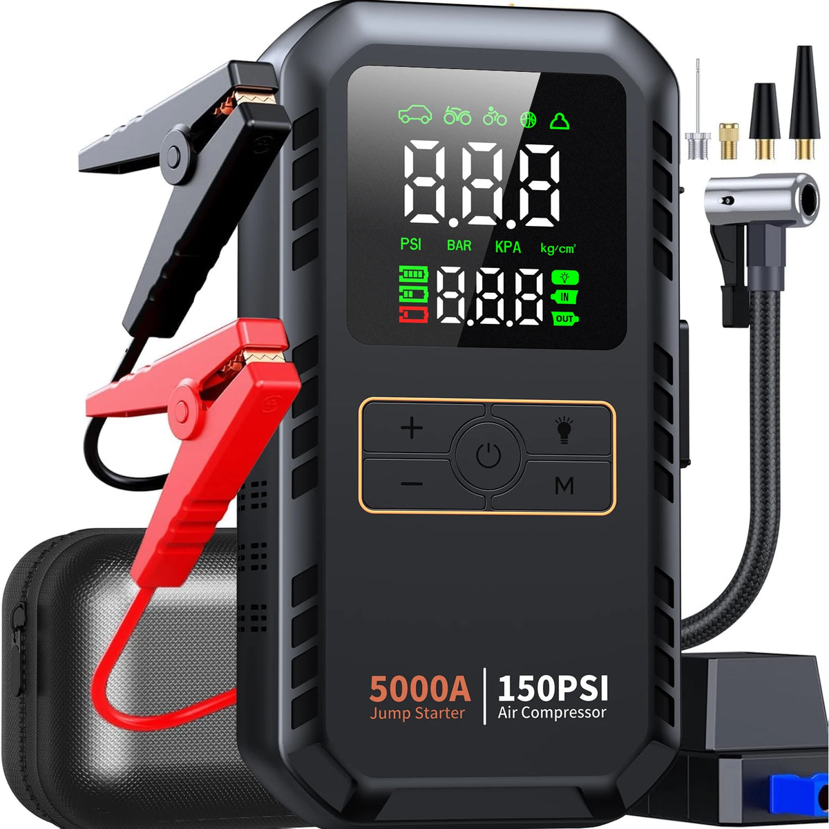 4-in-1 jump starter with air compressor, jumper clamps, air hose, nozzles, charging cable and storage case