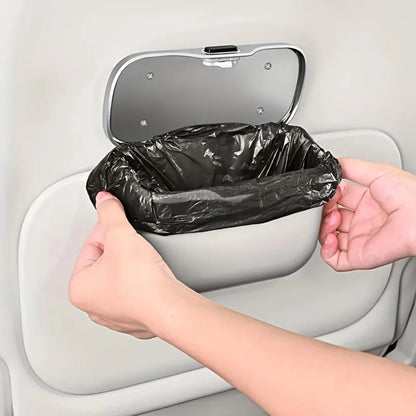 Hanging Car Trash Can with Push Lid, PU Leather Wet and Dry Garbage Bin and Storage Box, Black or Beige