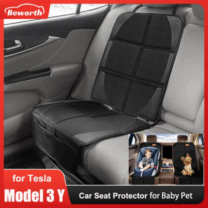 Child Car Seat Protector Mat for Tesla Model 3 and Model Y 2019-2026, Non-Slip Oxford and Faux Leather Back Seat Pad, 0.5 in (12 mm) Thick