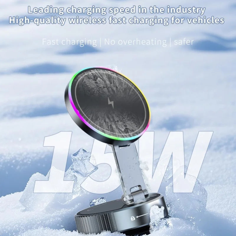 Magnetic Wireless Car Charger with Vacuum Suction Base, 15W Phone Mount with 360 Degree Rotation and RGB Light, 7 Models